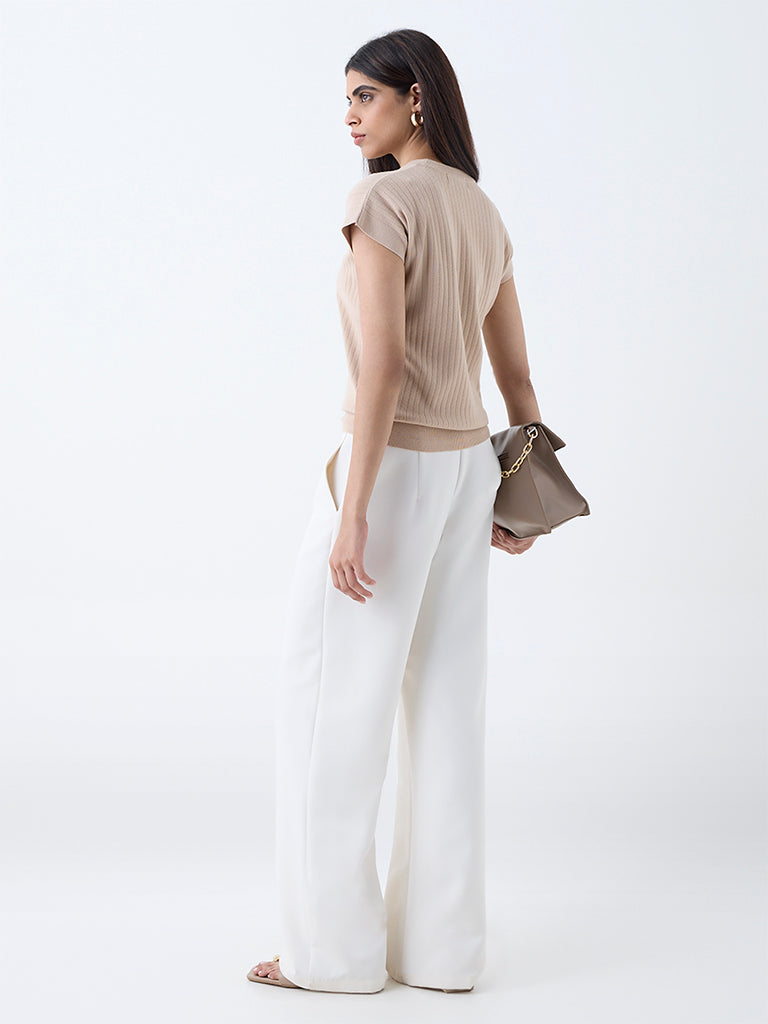 Westside Wardrobe Women's Beige Self-Striped T-Shirt for Work Wear Back View