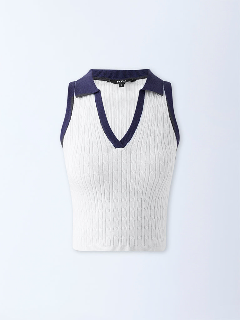 Westside Nuon Women's White Cable-Knitted Top for Casual Wear Flatlay