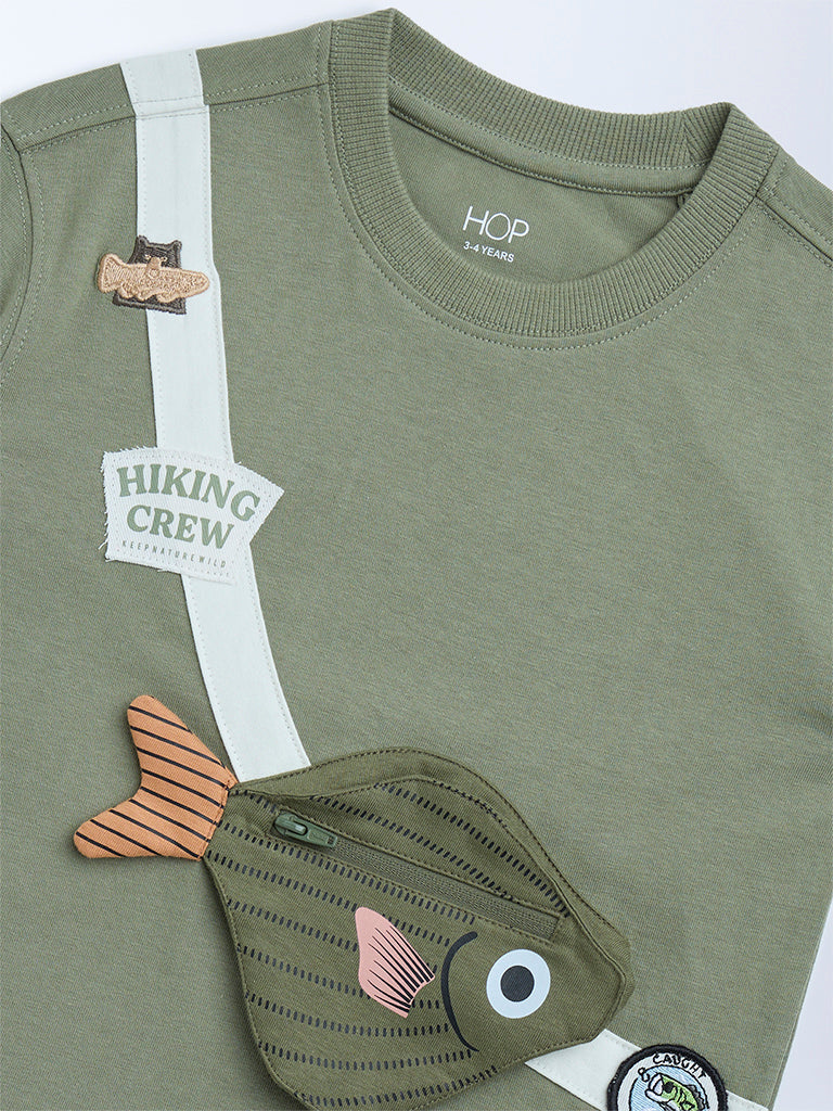 HOP Kids Boys Olive Fish Detailed Cotton T-Shirt