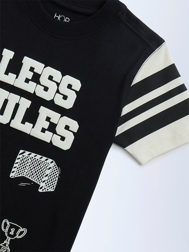 HOP Kids Boys Black Typographic Cotton T-Shirt