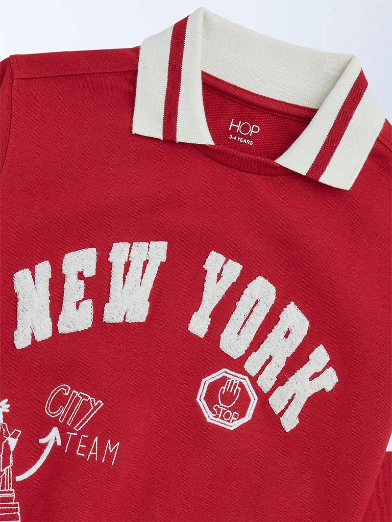 HOP Kids Boys Red Typographic Cotton Sweatshirt