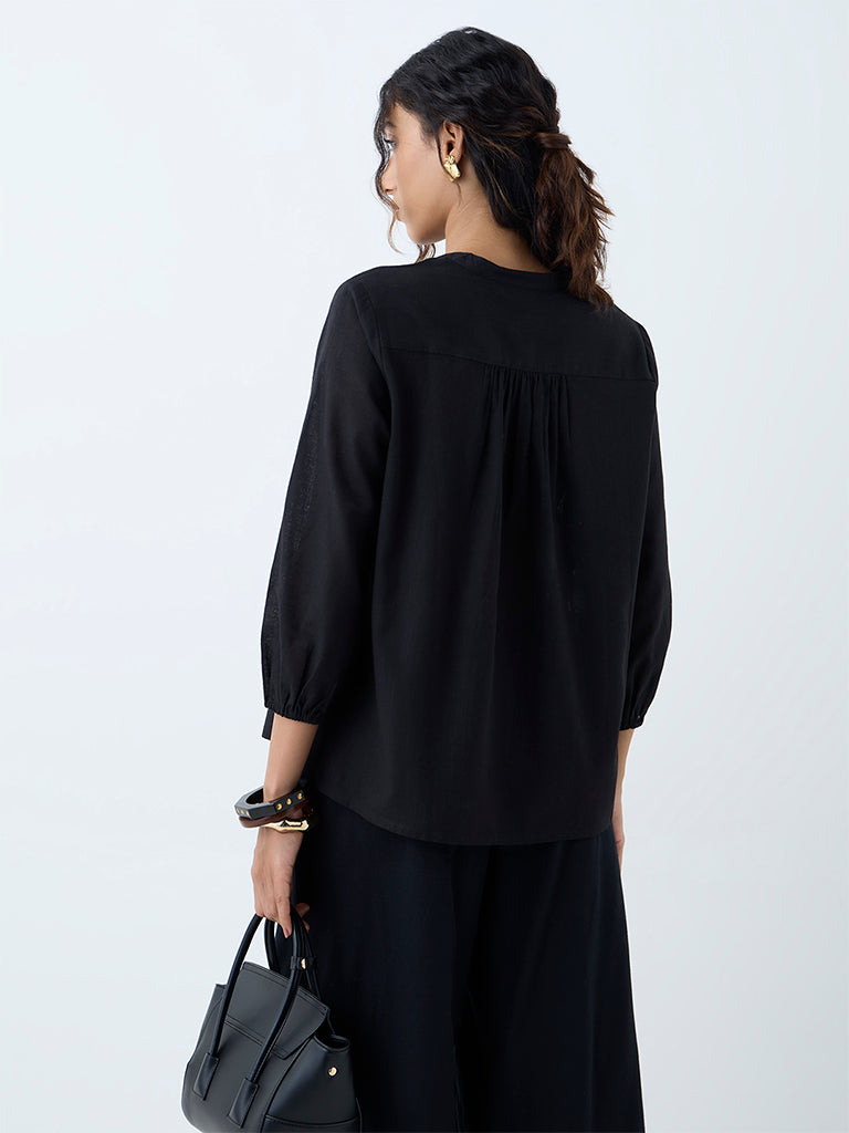 Westside Utsa Women's Black Floral Embroidered Cotton Tunic for Work Wear Back View