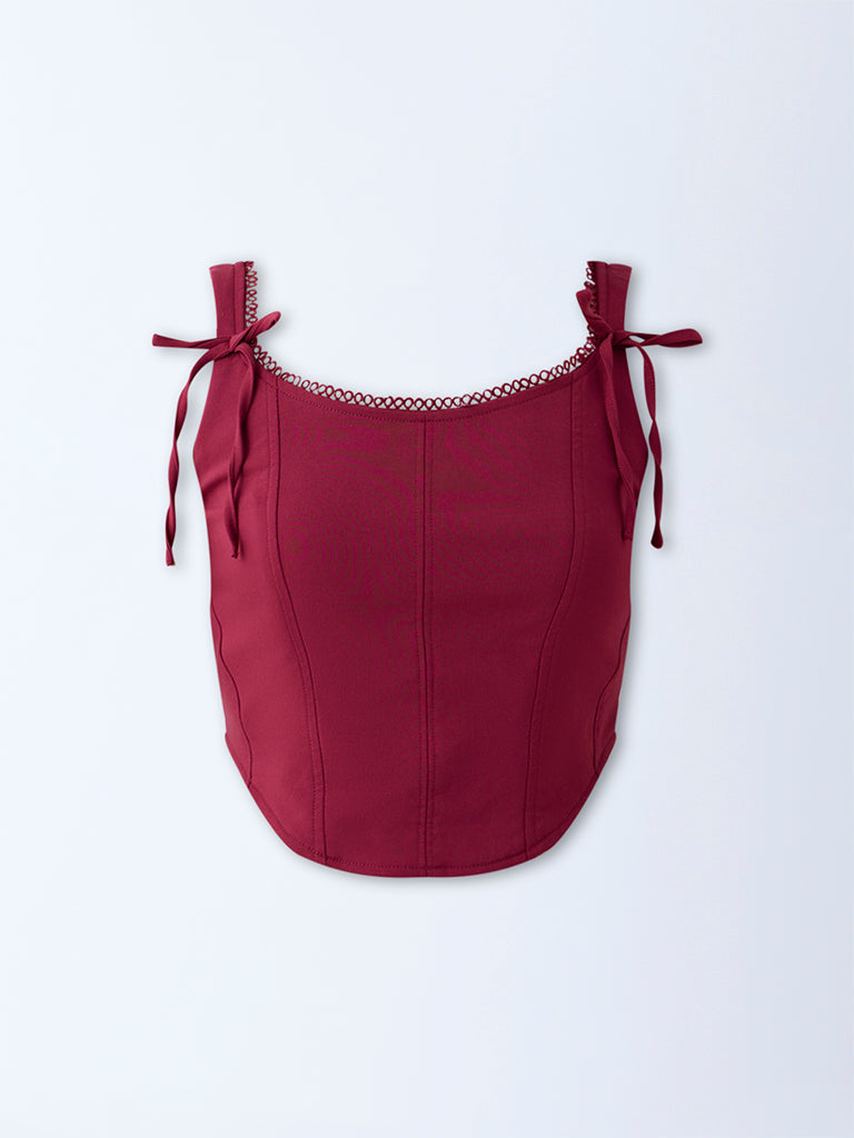 Westside Nuon Women's Burgundy Corset-Style Top for Casual Wear Flatlay