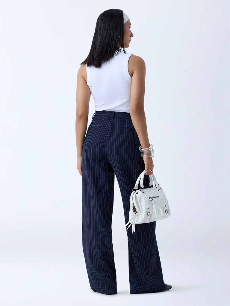 Westside Nuon Women's Navy Pinstripe High-Rise Trousers for Casual Wear Back View