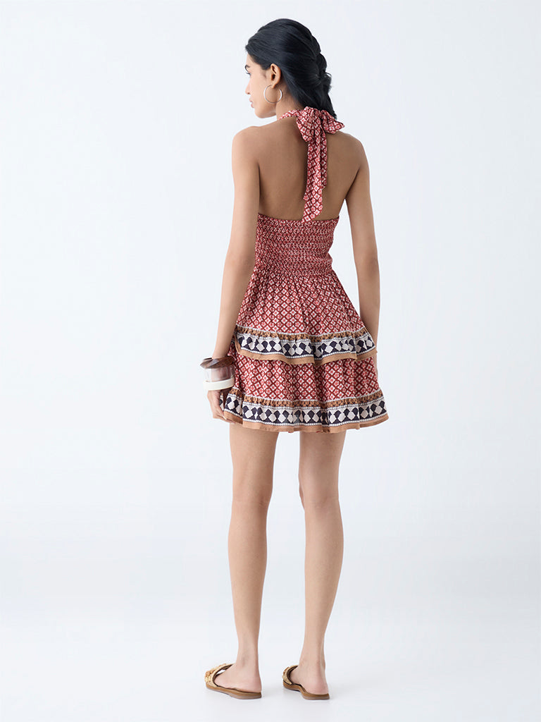 Westside Bombay Paisley Women's Brown Floral Halter-Neck A-Line Dress for Everyday Back View