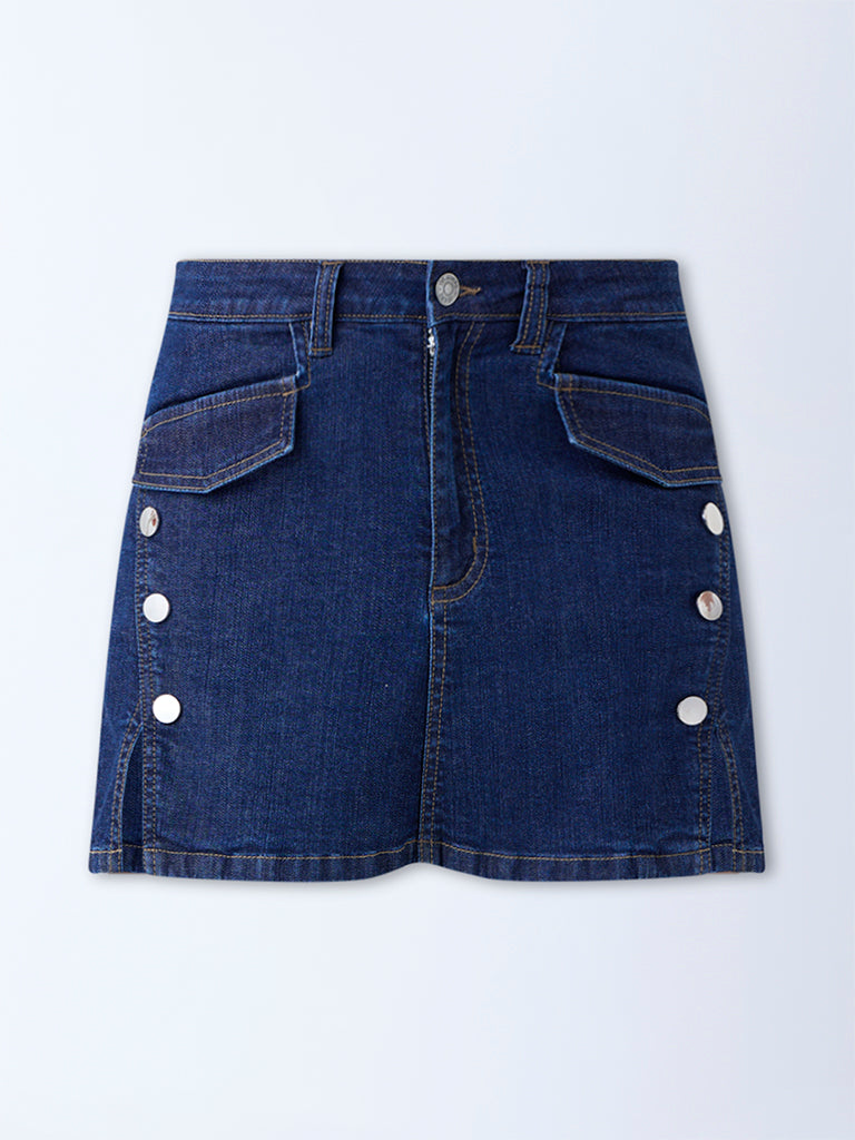 Westside Nuon Women's Dark Blue Mid-Rise Denim Skorts for Casual Wear Flatlay