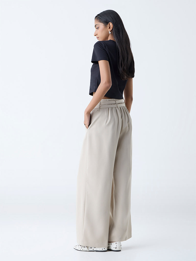 Westside Nuon Women's Beige Wide-Leg High-Rise Trousers with Belt for Casual Wear Back View