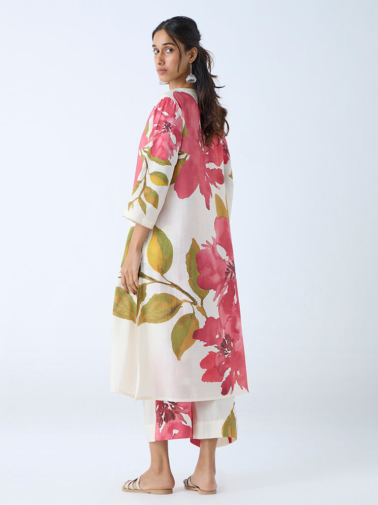 Westside Utsa Women's Pink Botanical Design A-Line Kurta for Work Wear Back View