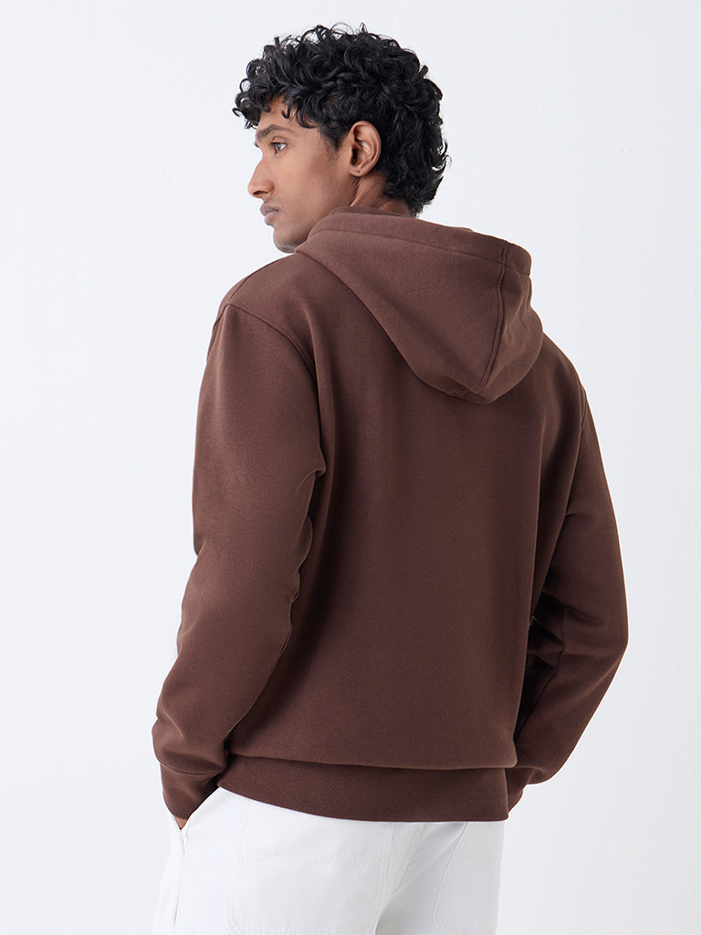 WES Casuals Brown Solid Relaxed-Fit Cotton-Blend Hoodie