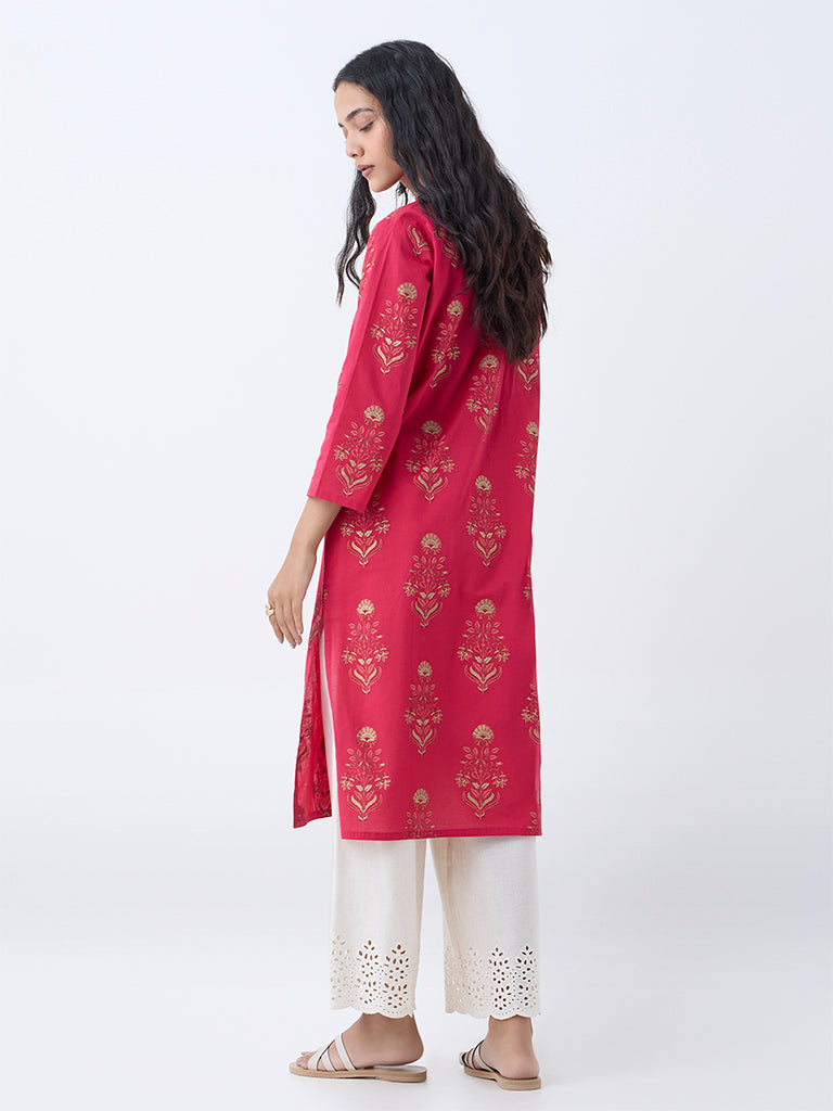 Westside Utsa Women's Coral Floral Design Straight Cotton Kurta for Everyday Back View