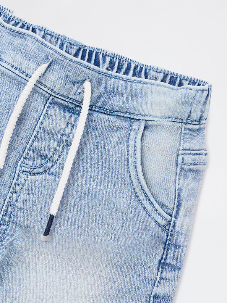 HOP Baby Boys Light Blue Faded Mid-Rise Denim Joggers