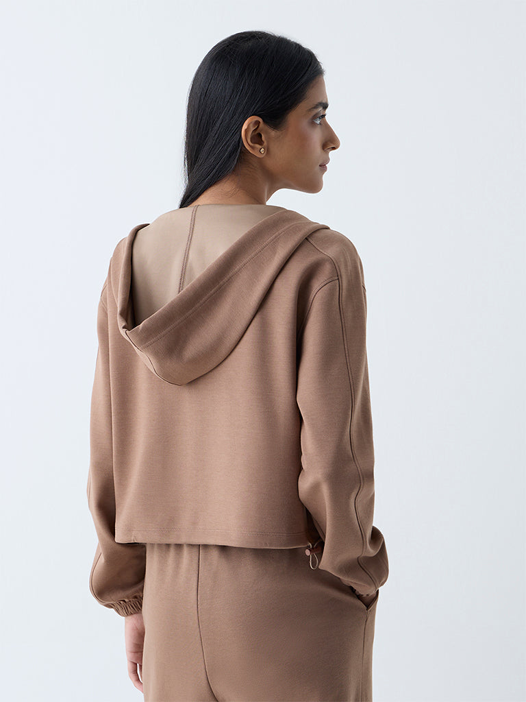 Westside Studiofit Women's Brown Solid Hooded Jacket for Sports Wear Back View