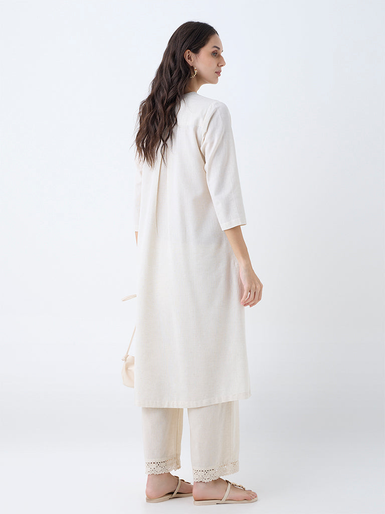 Westside Utsa Women's Beige Embroidered Cotton-Blend A-Line Kurta for Work Wear Back View