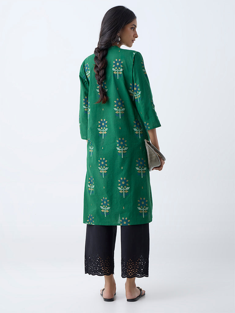 Westside Utsa Women's Green Floral Design Straight Cotton Kurta for Everyday Back View