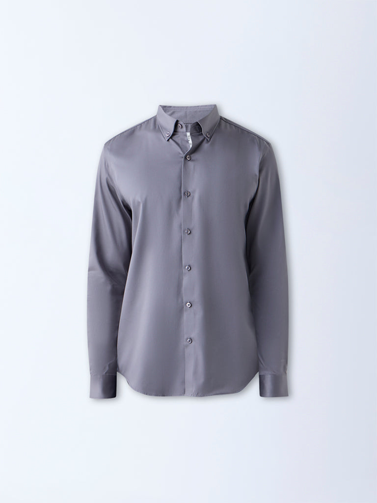WES Formals Grey Solid Slim-Fit Cotton-Blend Shirt
