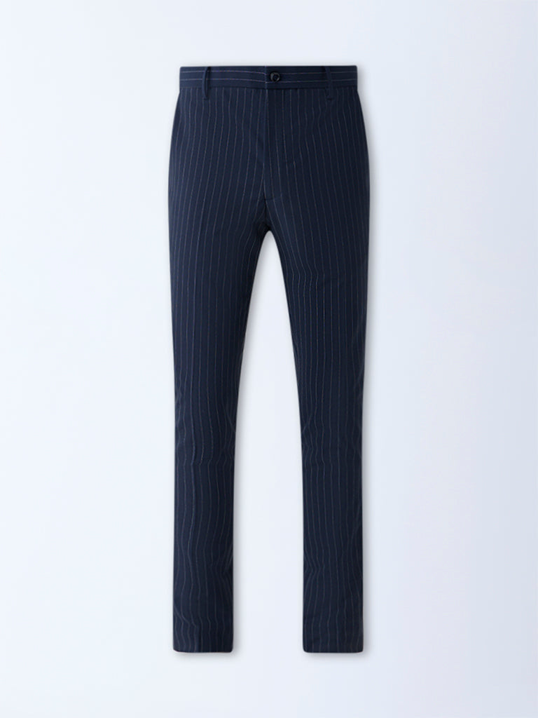 WES Formals Navy Pinstriped Slim-Fit Mid-Rise Trousers