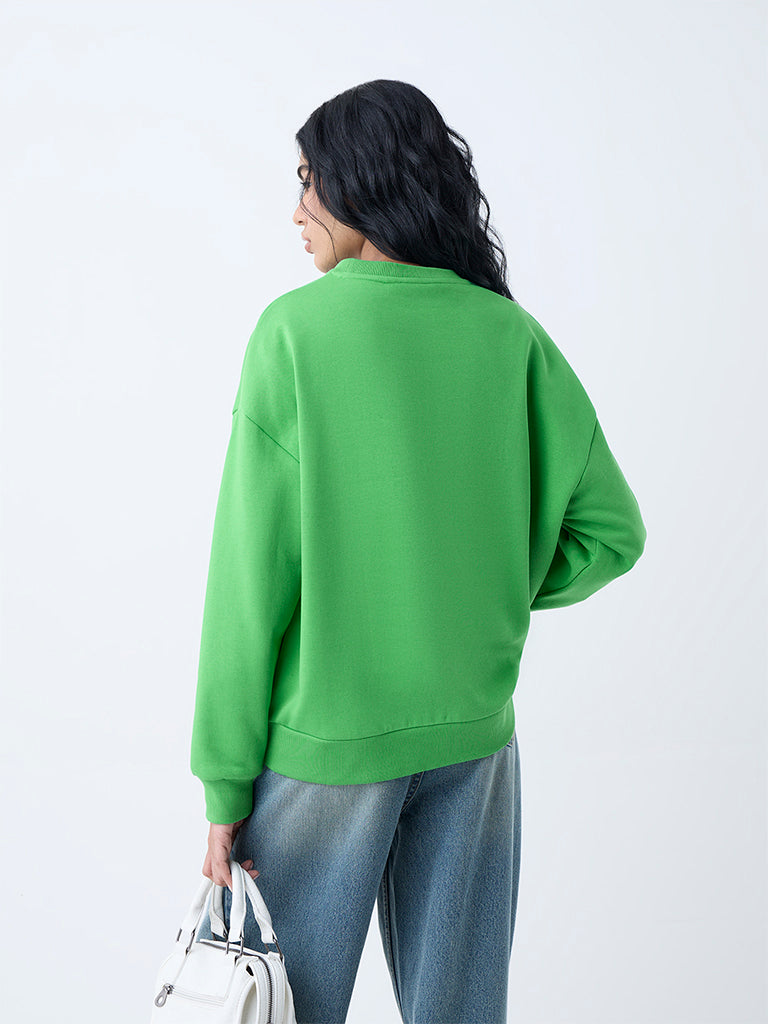 Westside Nuon Women's Green Text Detailed Cotton-Blend Sweatshirt for Winter Wear Back View