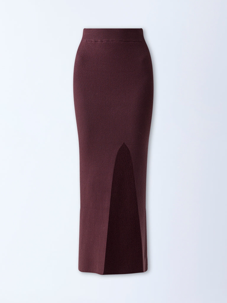 Nuon Dark Brown Ribbed High-Rise Skirt