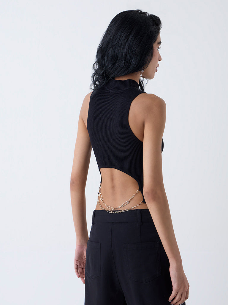 Nuon Black Ribbed-Textured Top