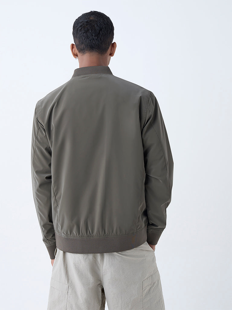 Westside Studiofit Men's Olive Solid Relaxed-Fit Bomber Jacket for Sports Wear Back View