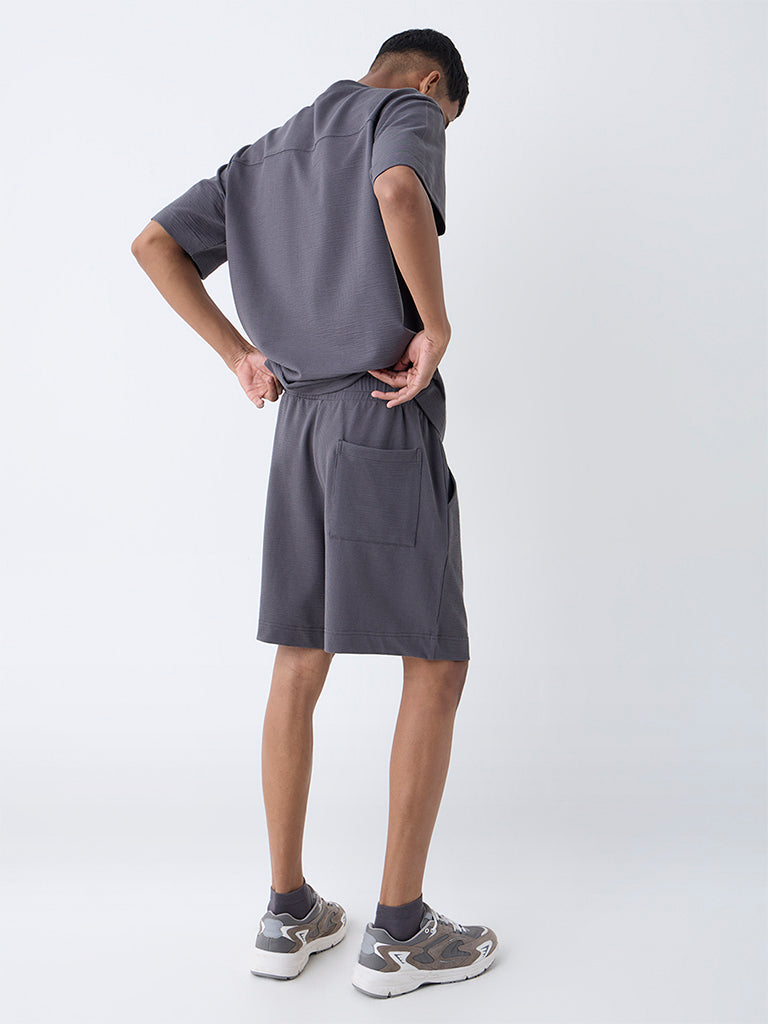 Studiofit Dark Grey Textured Relaxed-Fit Mid-Rise Cotton-Blend Shorts