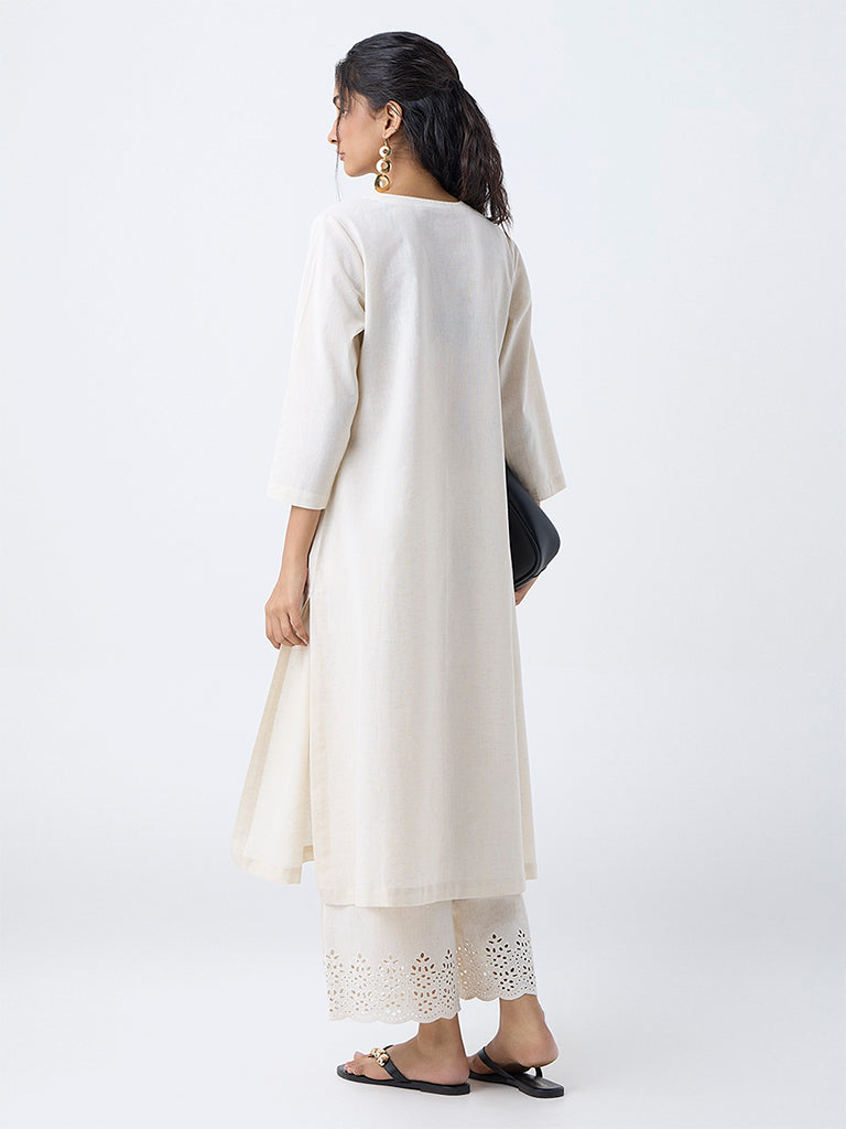 Utsa Light Beige Embroidered Cotton-Blend A-Line Kurta