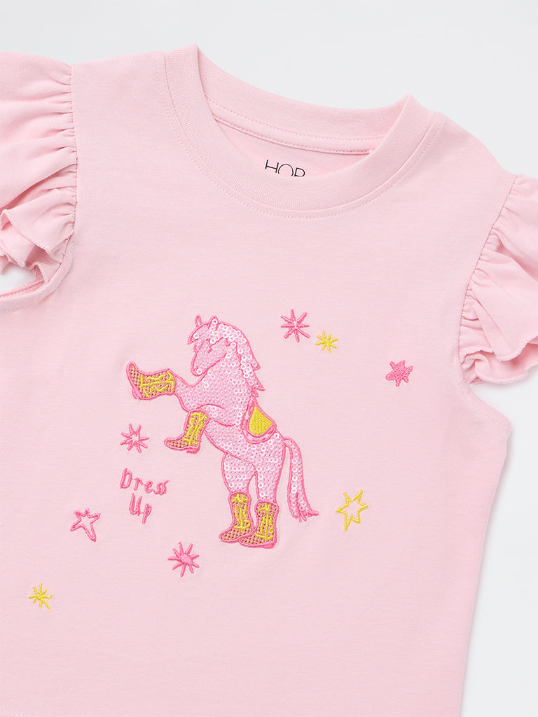 HOP Kids Girls Light Pink Unicorn Embellished Top