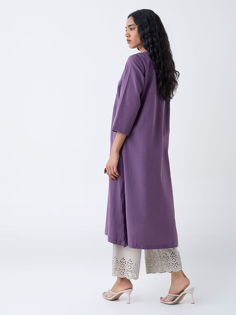 Utsa Purple Embroidered Cotton-Blend A-Line Kurta