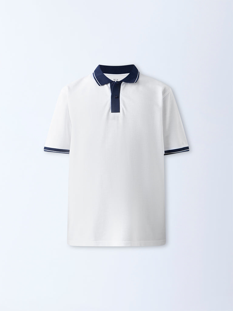 WES Casuals White Self Relaxed-Fit Cotton-Blend Polo T-Shirt