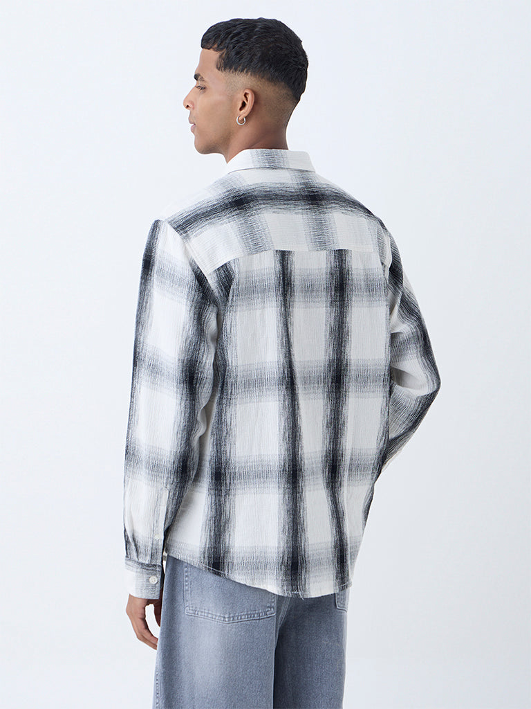 Nuon White Checkered Relaxed-Fit Cotton Shirt