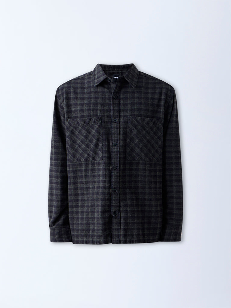 Nuon Black Checks Pattern Relaxed-Fit Cotton Shirt