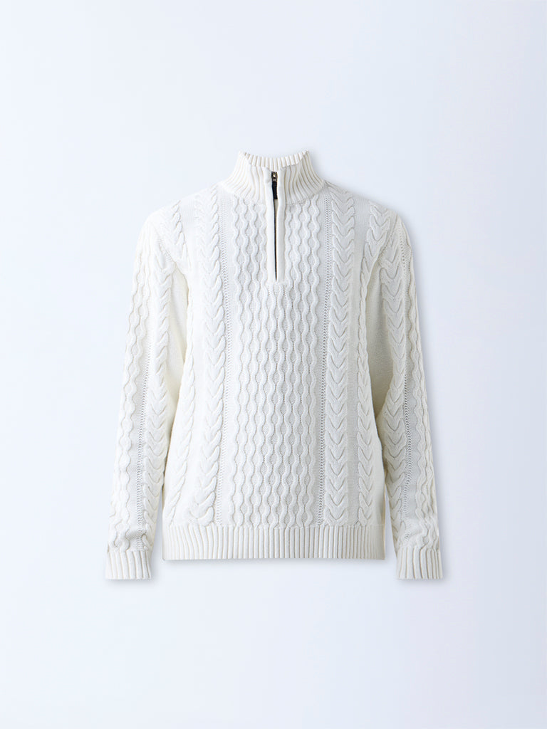 Ascot Off-White Relaxed Fit Three-Quarter Zip Sweater