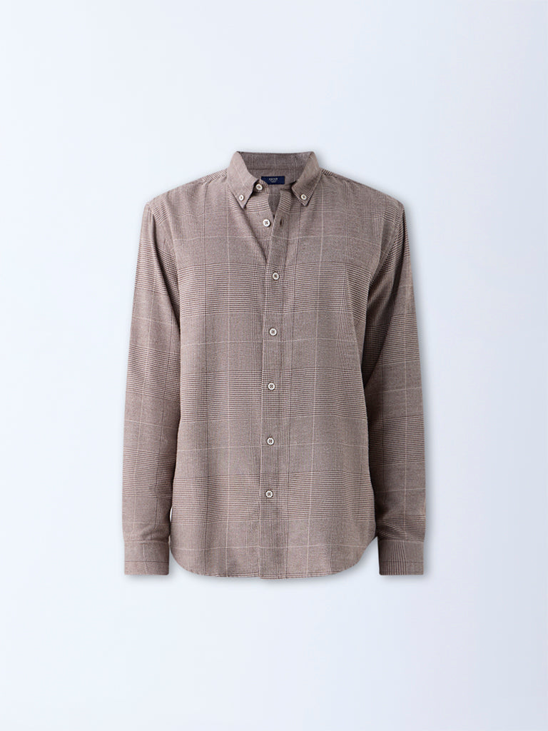 Ascot Tan Checkered Relaxed-Fit Cotton-Blend Shirt