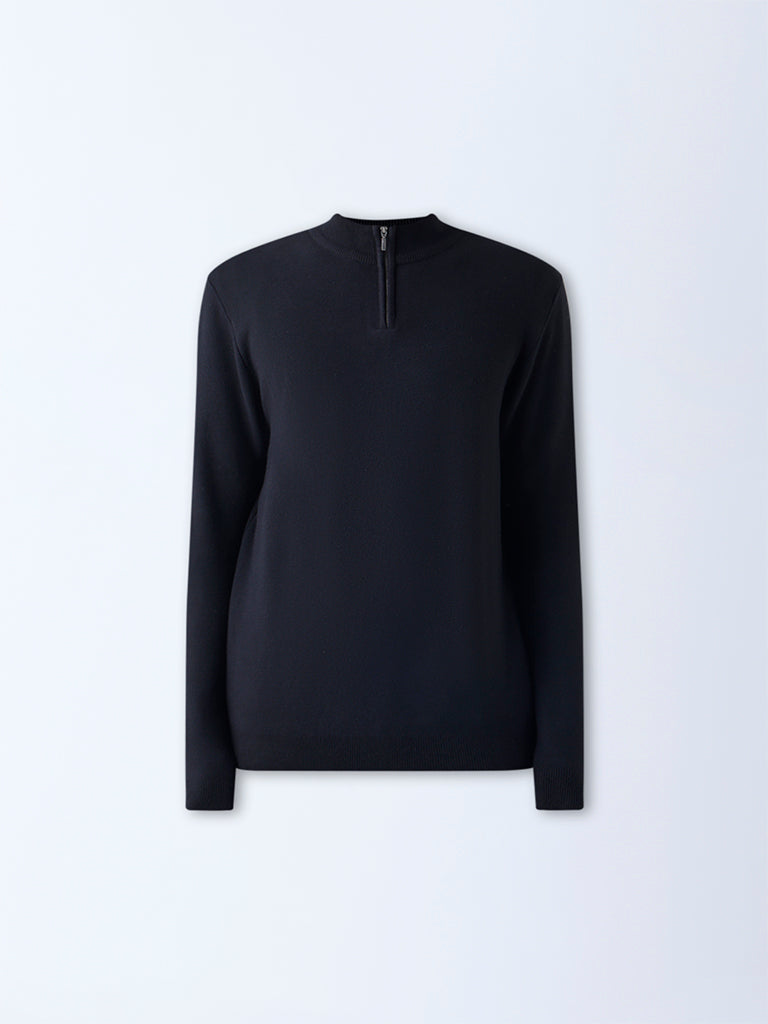 WES Formals Black Knit-Textured Slim-Fit Quarter-Zip Sweater