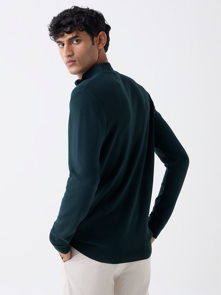 WES Formals Green Knitted Slim-Fit Quarter-Zip Sweater