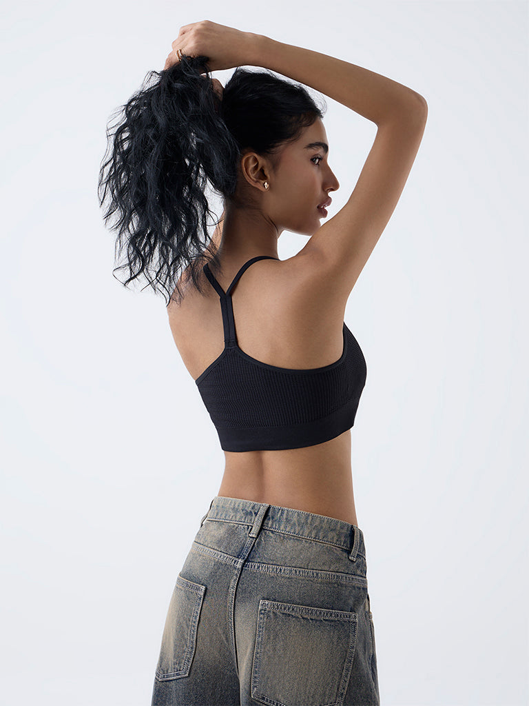 Superstar Black Waffle-Textured Padded Bra