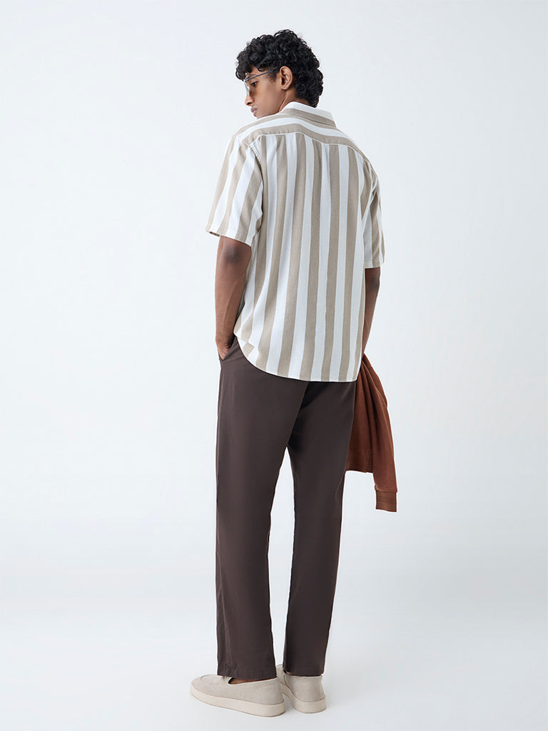 Westside Ascot Men's Beige Stripe Relaxed-Fit Shirt for Casual Wear Back View