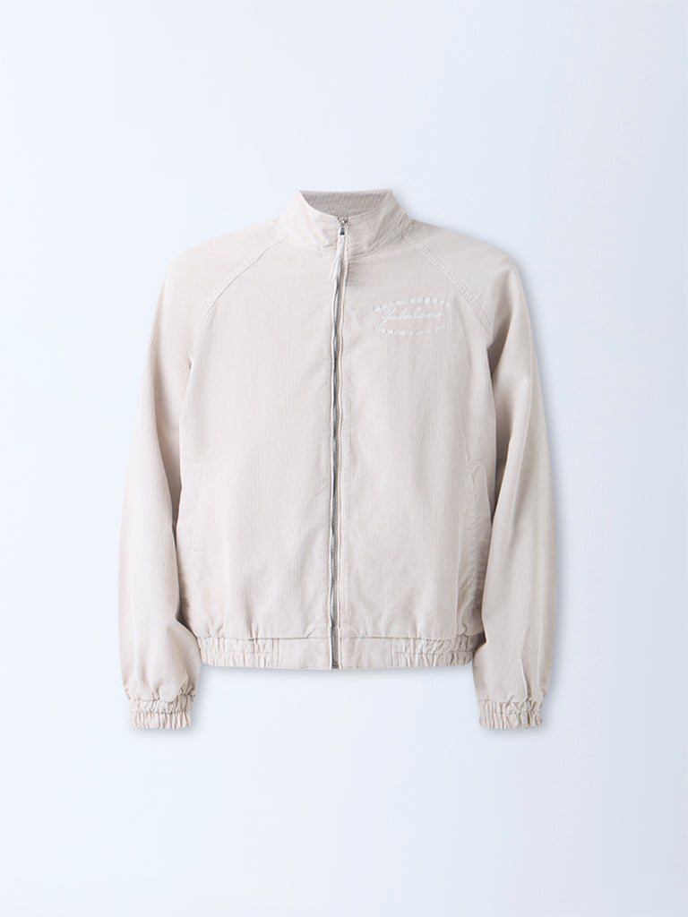 Nuon Beige Typographic Relaxed-Fit Corduroy Jacket