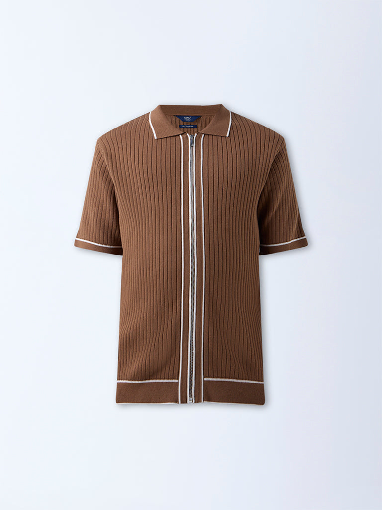 Ascot Tan Self-Striped Relaxed-Fit Cotton-Blend T-Shirt