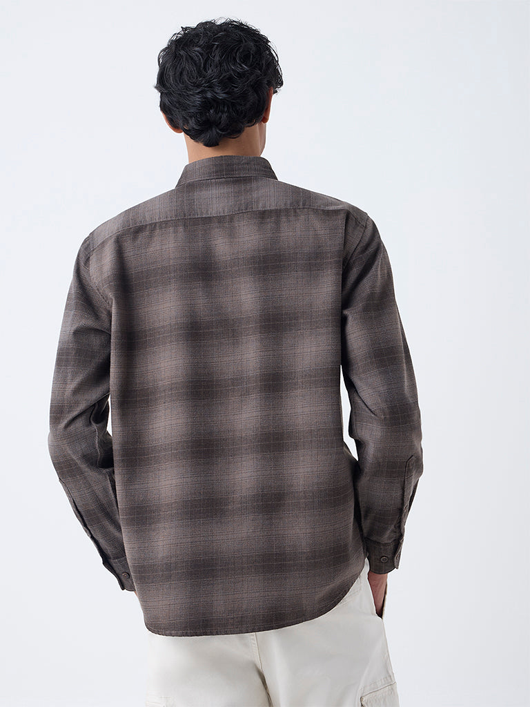 WES Casuals Brown Checks Printed Relaxed-Fit Cotton Shirt