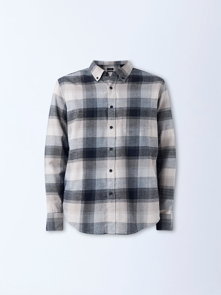 WES Casuals Grey Checks Printed Relaxed-Fit Cotton-Blend Shirt