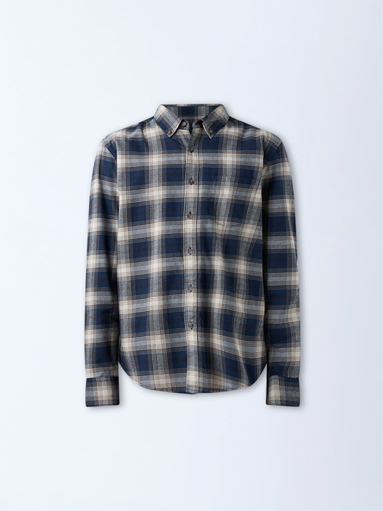 WES Casuals Navy Checkered Relaxed-Fit Cotton Shirt