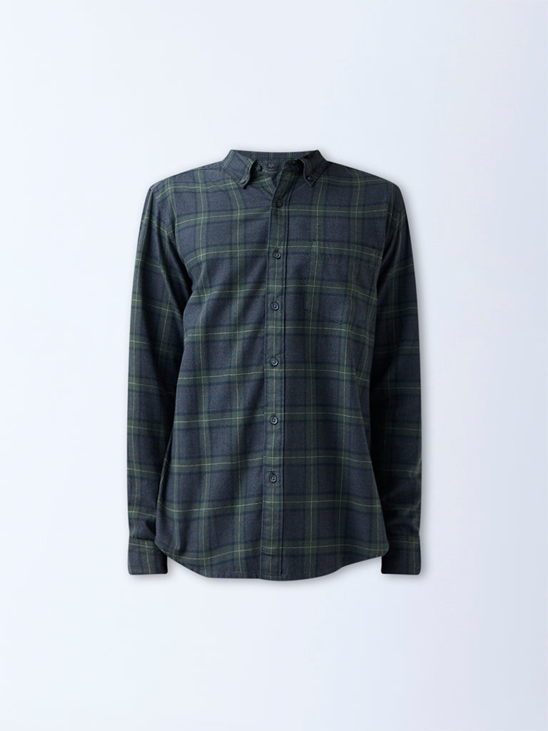WES Casuals Olive Check Pattern Relaxed-Fit Cotton-Blend Shirt