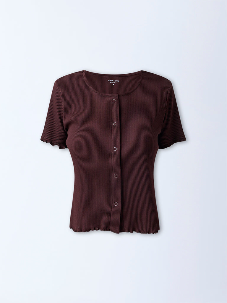 Superstar Dark Brown Ribbed Cotton-Blend Top