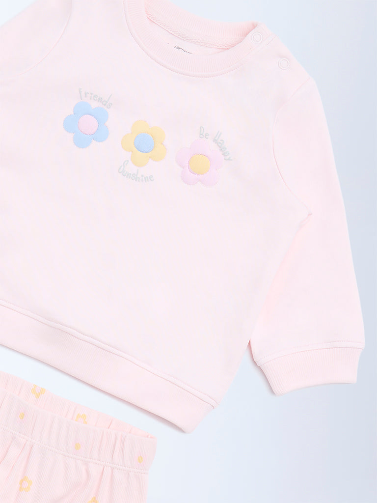 HOP Baby Girls Pink Floral Cotton Sweatshirt and Pants Set
