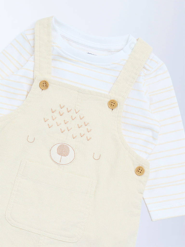 HOP Baby Boys Beige Corduroy Cotton Dungaree with T-Shirt Set