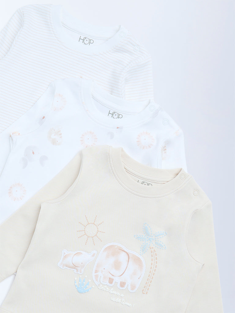 HOP Baby Boys Beige Printed Cotton T-Shirts - Pack of 3