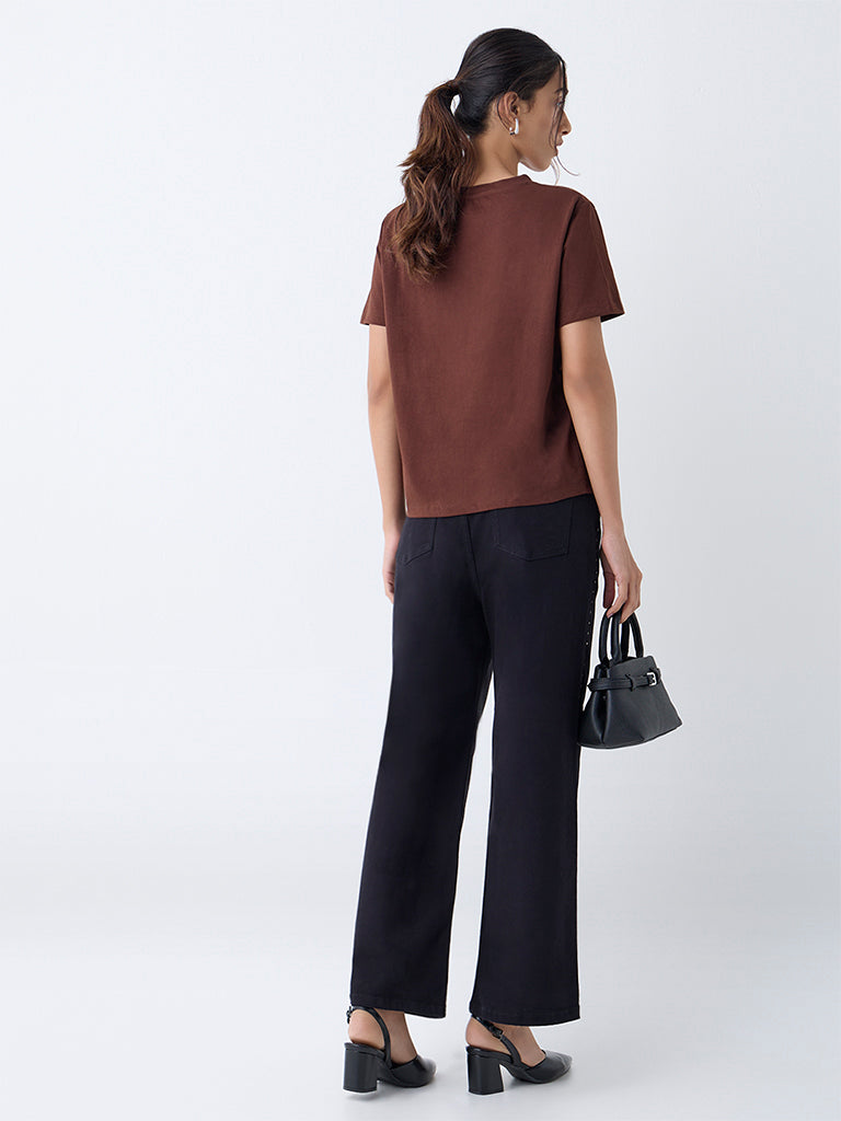 LOV Brown Typographic Cotton T-Shirt