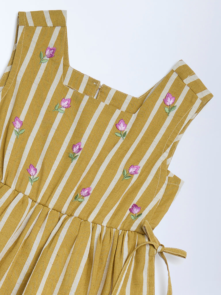 Utsa Kids Girls Mustard Striped A-Line Cotton-Blend Dress - (2-8 yrs)