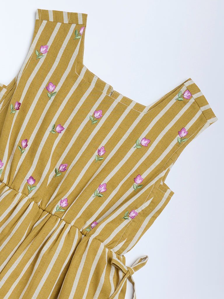 Utsa Kids Girls Mustard Striped A-Line Cotton-Blend Dress - (8-14 yrs)
